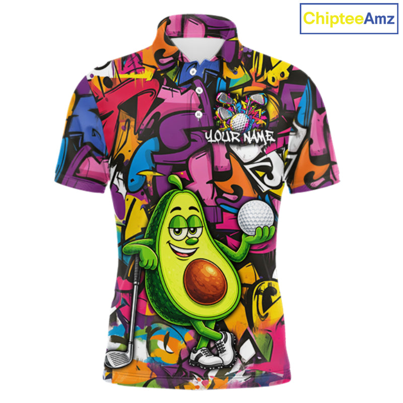 Personalized Name Golf Shirt For Men Funny Avocado Golf Jersey Colorful Graffiti Golf Polo Shirt NYN4459
