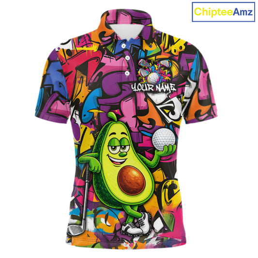 Personalized Name Golf Shirt For Men Funny Avocado Golf Jersey Colorful Graffiti Golf Polo Shirt NYN4459