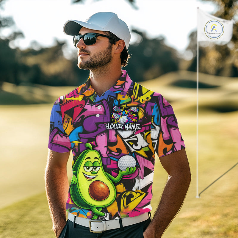 Personalized Name Golf Shirt For Men Funny Avocado Golf Jersey Colorful Graffiti Golf Polo Shirt NYN4459