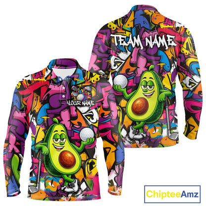 Personalized Name Golf Shirt For Men Funny Avocado Golf Jersey Colorful Graffiti Golf Polo Shirt NYN4459