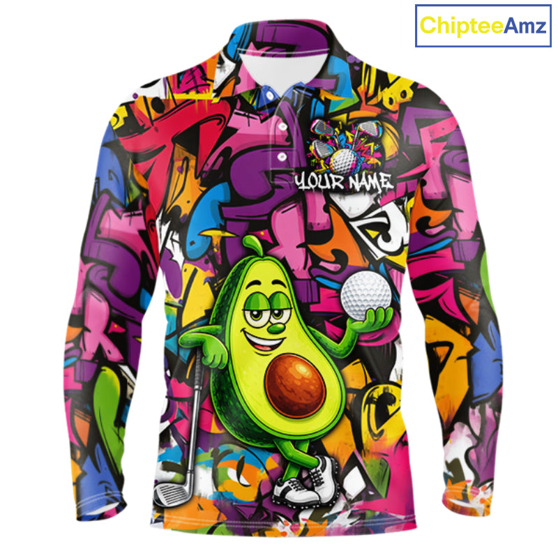 Personalized Name Golf Shirt For Men Funny Avocado Golf Jersey Colorful Graffiti Golf Polo Shirt NYN4459