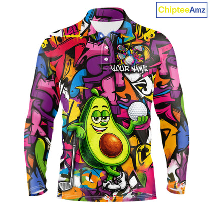 Personalized Name Golf Shirt For Men Funny Avocado Golf Jersey Colorful Graffiti Golf Polo Shirt NYN4459