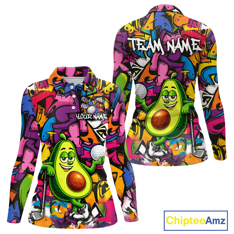 Personalized Name Golf Shirt For Women Funny Avocado Golf Jersey Colorful Graffiti Golf Polo Shirt NYN4459