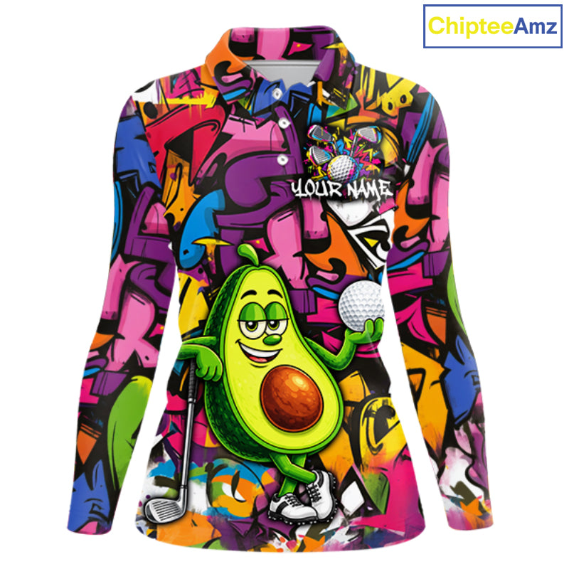Personalized Name Golf Shirt For Women Funny Avocado Golf Jersey Colorful Graffiti Golf Polo Shirt NYN4459