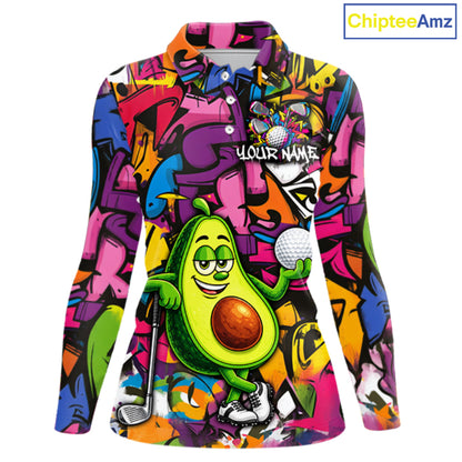 Personalized Name Golf Shirt For Women Funny Avocado Golf Jersey Colorful Graffiti Golf Polo Shirt NYN4459