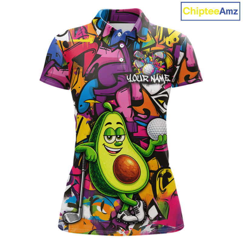 Personalized Name Golf Shirt For Women Funny Avocado Golf Jersey Colorful Graffiti Golf Polo Shirt NYN4459