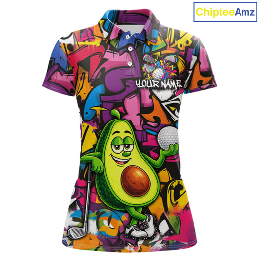 Personalized Name Golf Shirt For Women Funny Avocado Golf Jersey Colorful Graffiti Golf Polo Shirt NYN4459