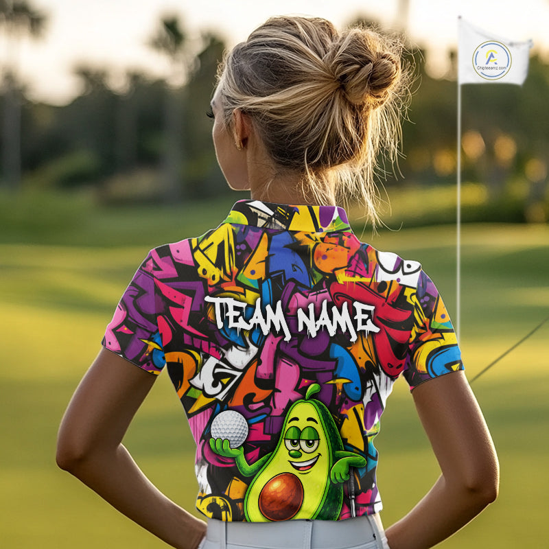 Personalized Name Golf Shirt For Women Funny Avocado Golf Jersey Colorful Graffiti Golf Polo Shirt NYN4459