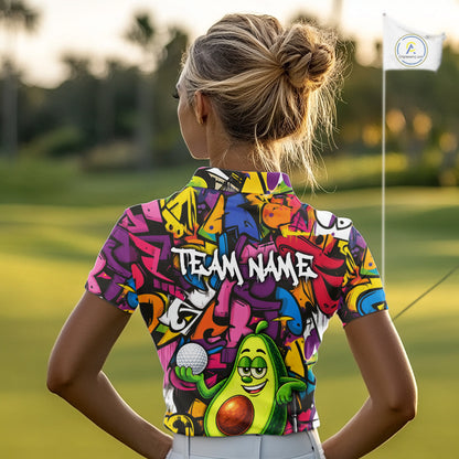 Personalized Name Golf Shirt For Women Funny Avocado Golf Jersey Colorful Graffiti Golf Polo Shirt NYN4459