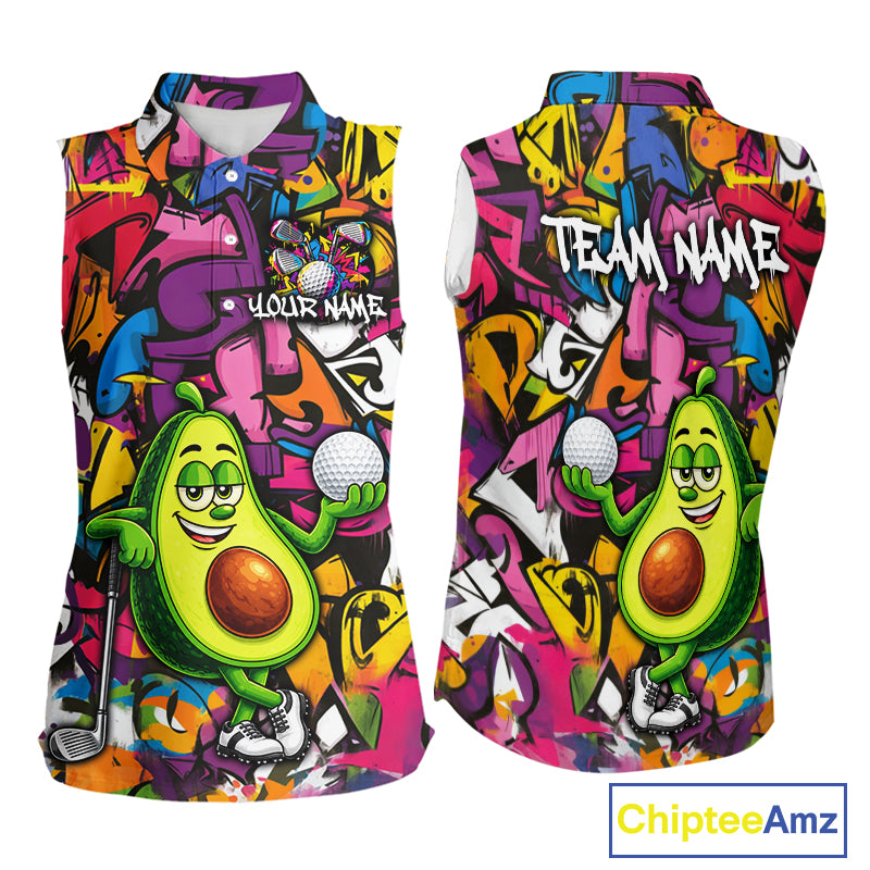 Personalized Name Golf Shirt For Women Funny Avocado Golf Jersey Colorful Graffiti Golf Sleeveless Polo Shirt NYN4459