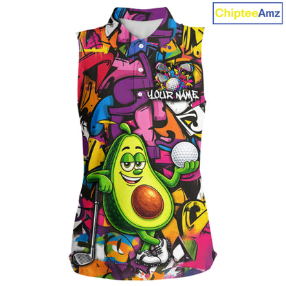 Personalized Name Golf Shirt For Women Funny Avocado Golf Jersey Colorful Graffiti Golf Sleeveless Polo Shirt NYN4459