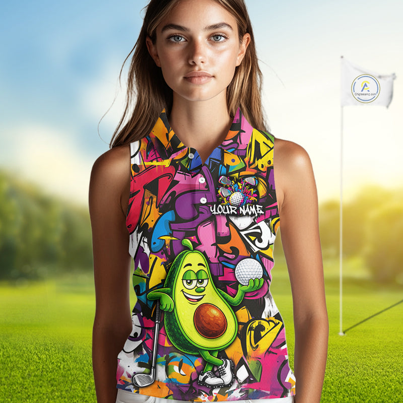 Personalized Name Golf Shirt For Women Funny Avocado Golf Jersey Colorful Graffiti Golf Sleeveless Polo Shirt NYN4459