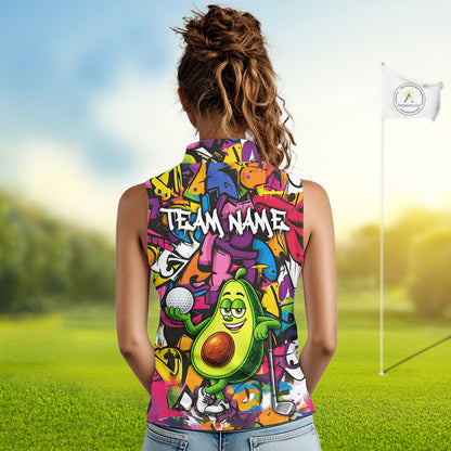 Personalized Name Golf Shirt For Women Funny Avocado Golf Jersey Colorful Graffiti Golf Sleeveless Polo Shirt NYN4459