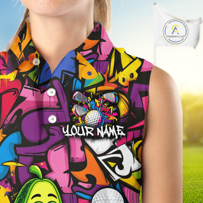 Personalized Name Golf Shirt For Women Funny Avocado Golf Jersey Colorful Graffiti Golf Sleeveless Polo Shirt NYN4459