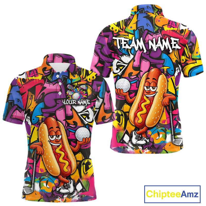 Personalized Name Golf Shirt For Men Funny Hotdog Golf Jersey Colorful Graffiti Golf Polo Shirt NYN4460