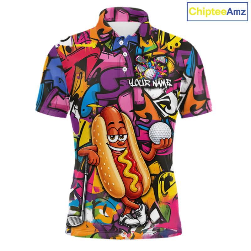 Personalized Name Golf Shirt For Men Funny Hotdog Golf Jersey Colorful Graffiti Golf Polo Shirt NYN4460