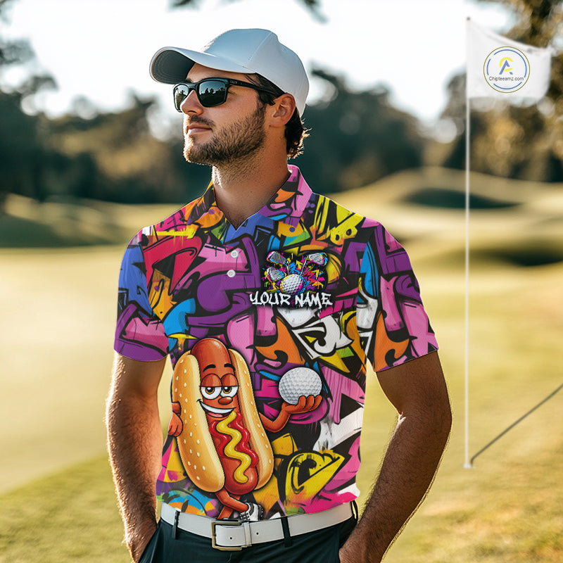 Personalized Name Golf Shirt For Men Funny Hotdog Golf Jersey Colorful Graffiti Golf Polo Shirt NYN4460