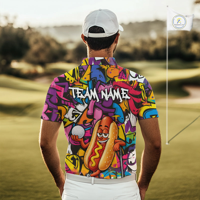 Personalized Name Golf Shirt For Men Funny Hotdog Golf Jersey Colorful Graffiti Golf Polo Shirt NYN4460