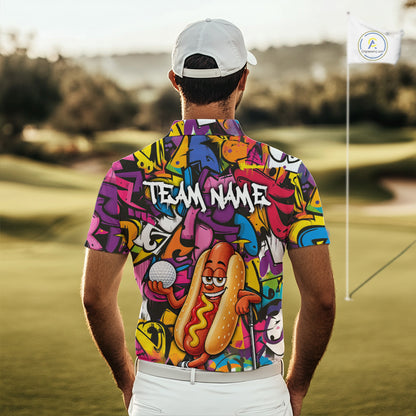 Personalized Name Golf Shirt For Men Funny Hotdog Golf Jersey Colorful Graffiti Golf Polo Shirt NYN4460