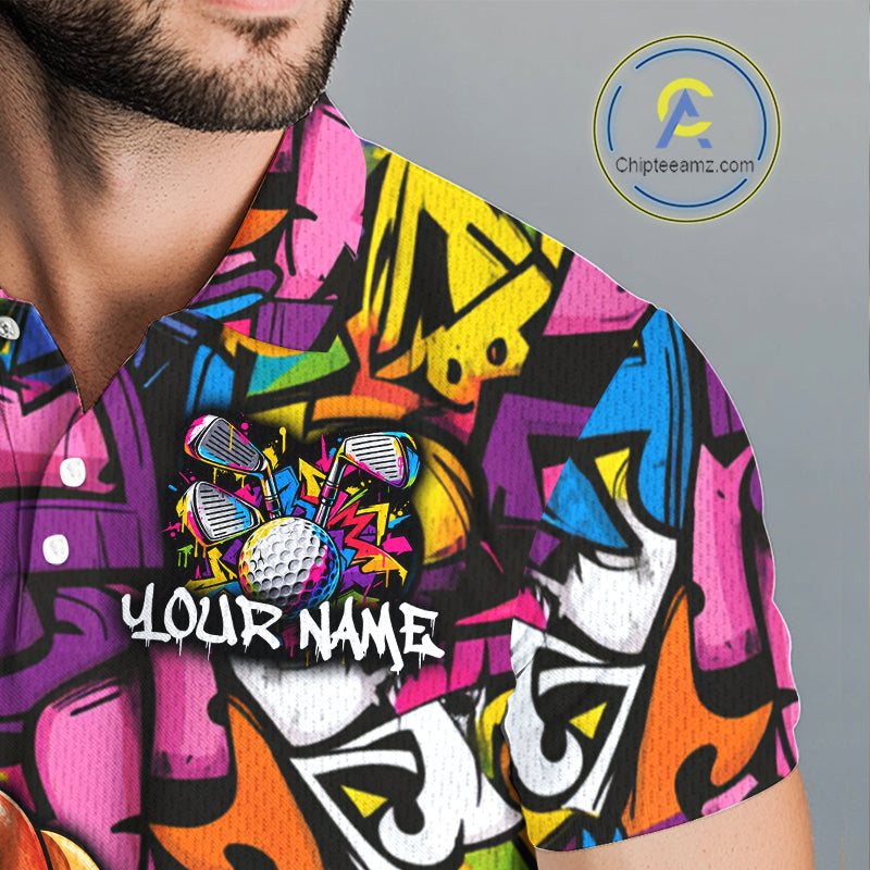 Personalized Name Golf Shirt For Men Funny Hotdog Golf Jersey Colorful Graffiti Golf Polo Shirt NYN4460