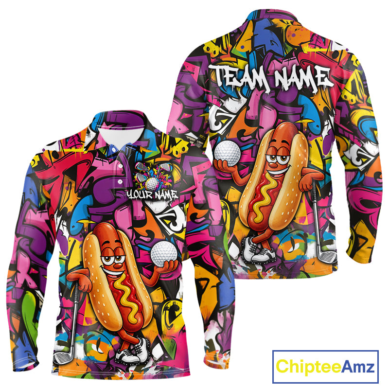Personalized Name Golf Shirt For Men Funny Hotdog Golf Jersey Colorful Graffiti Golf Polo Shirt NYN4460