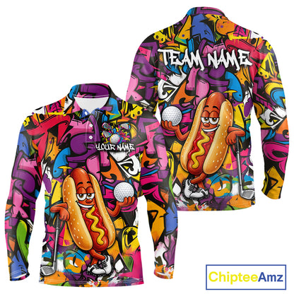 Personalized Name Golf Shirt For Men Funny Hotdog Golf Jersey Colorful Graffiti Golf Polo Shirt NYN4460
