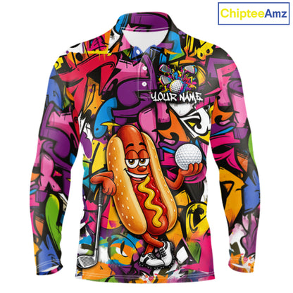 Personalized Name Golf Shirt For Men Funny Hotdog Golf Jersey Colorful Graffiti Golf Polo Shirt NYN4460