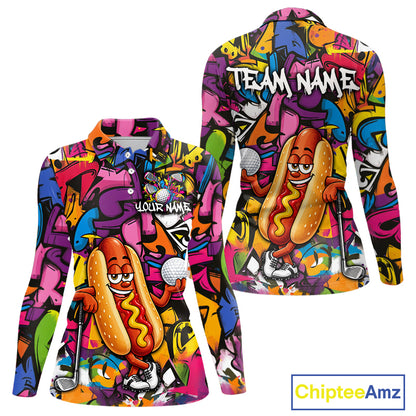 Personalized Name Golf Shirt For Women Funny Hotdog Golf Jersey Colorful Graffiti Golf Polo Shirt NYN4460