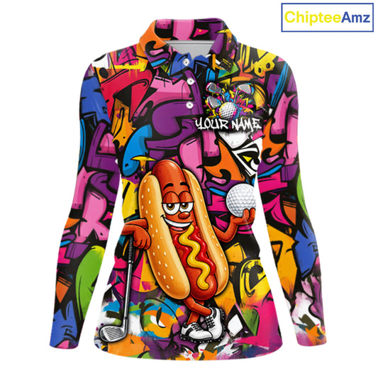 Personalized Name Golf Shirt For Women Funny Hotdog Golf Jersey Colorful Graffiti Golf Polo Shirt NYN4460