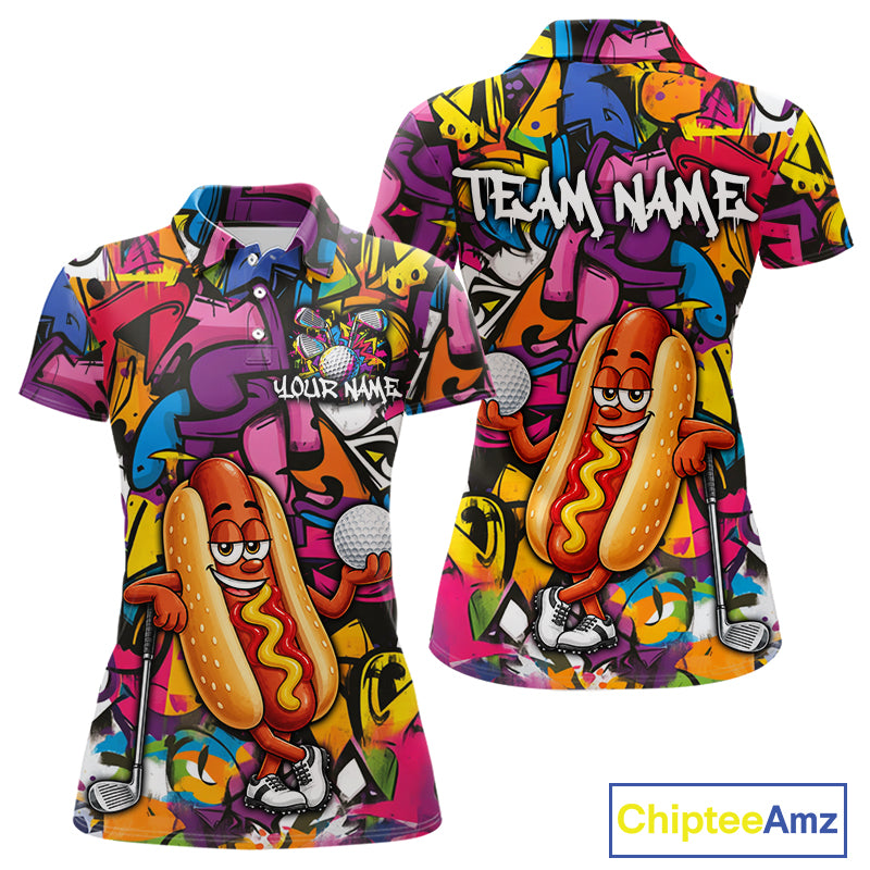 Personalized Name Golf Shirt For Women Funny Hotdog Golf Jersey Colorful Graffiti Golf Polo Shirt NYN4460