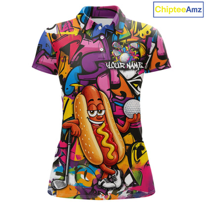 Personalized Name Golf Shirt For Women Funny Hotdog Golf Jersey Colorful Graffiti Golf Polo Shirt NYN4460