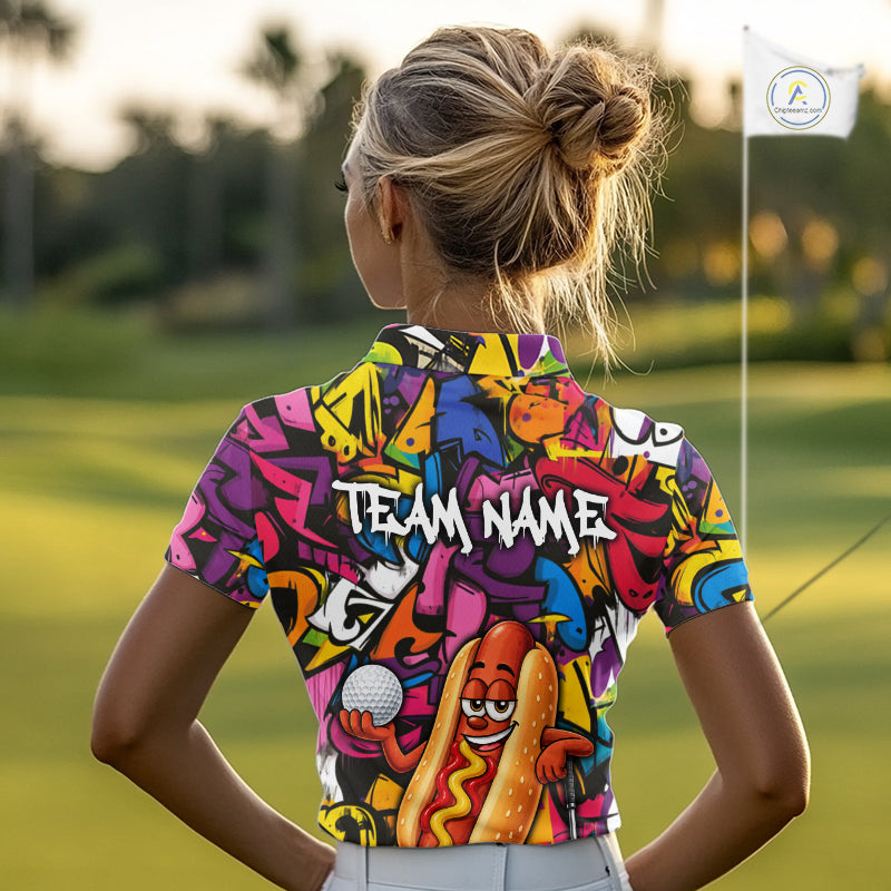 Personalized Name Golf Shirt For Women Funny Hotdog Golf Jersey Colorful Graffiti Golf Polo Shirt NYN4460