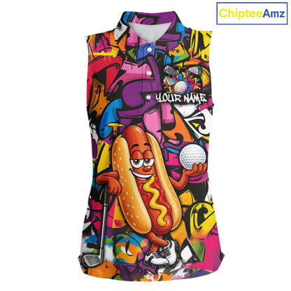 Personalized Name Golf Shirt For Women Funny Hotdog Golf Jersey Colorful Graffiti Golf Sleeveless Polo Shirt NYN4460