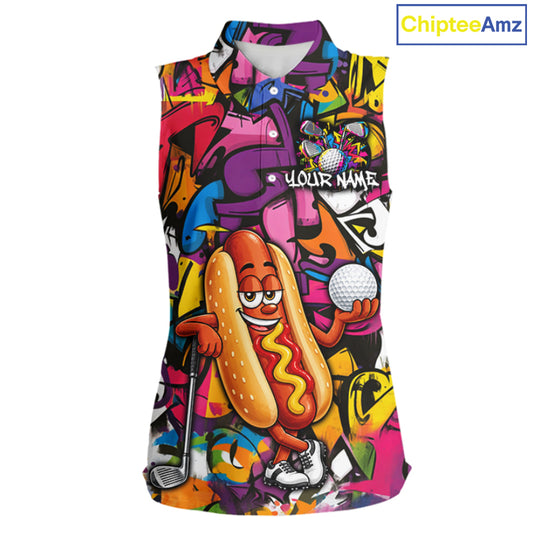Personalized Name Golf Shirt For Women Funny Hotdog Golf Jersey Colorful Graffiti Golf Sleeveless Polo Shirt NYN4460