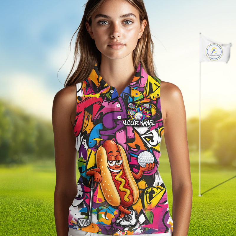 Personalized Name Golf Shirt For Women Funny Hotdog Golf Jersey Colorful Graffiti Golf Sleeveless Polo Shirt NYN4460