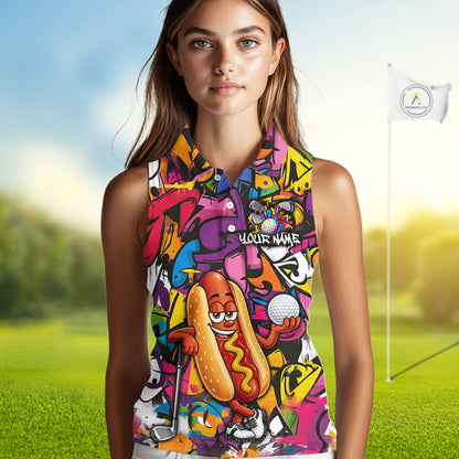 Personalized Name Golf Shirt For Women Funny Hotdog Golf Jersey Colorful Graffiti Golf Sleeveless Polo Shirt NYN4460