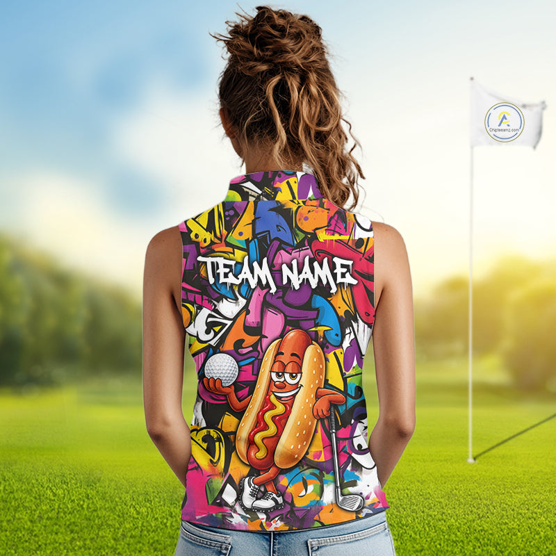 Personalized Name Golf Shirt For Women Funny Hotdog Golf Jersey Colorful Graffiti Golf Sleeveless Polo Shirt NYN4460