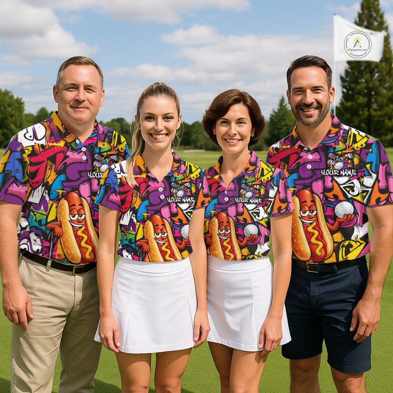Personalized Name Golf Shirt For Men Funny Hotdog Golf Jersey Colorful Graffiti Golf Polo Shirt NYN4460