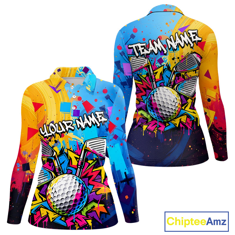 Custom Women Golf Polo Shirt With Name Colorful Golf Clubs Shirt Paint Splash Golf Jersey Golf Gifts NYN4464