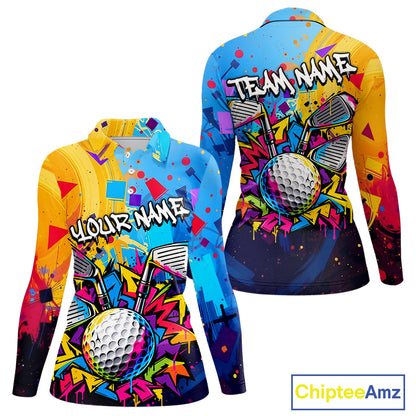 Custom Women Golf Polo Shirt With Name Colorful Golf Clubs Shirt Paint Splash Golf Jersey Golf Gifts NYN4464