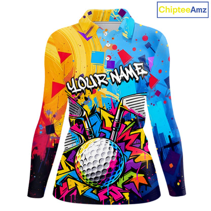 Custom Women Golf Polo Shirt With Name Colorful Golf Clubs Shirt Paint Splash Golf Jersey Golf Gifts NYN4464