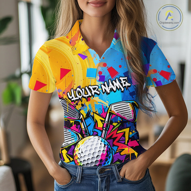 Custom Women Golf Polo Shirt With Name Colorful Golf Clubs Shirt Paint Splash Golf Jersey Golf Gifts NYN4464