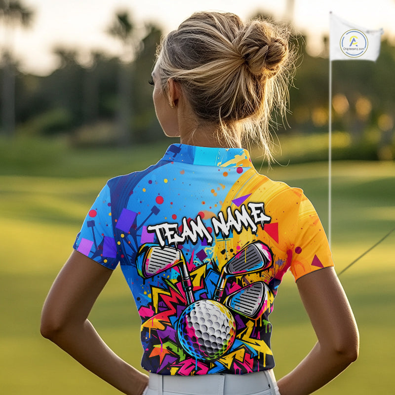 Custom Women Golf Polo Shirt With Name Colorful Golf Clubs Shirt Paint Splash Golf Jersey Golf Gifts NYN4464