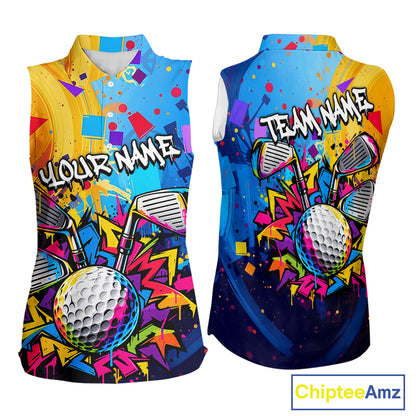 Custom Women Golf Sleeveless Polo Shirt With Name Colorful Golf Clubs Shirt Paint Splash Golf Jersey Golf Gifts NYN4464