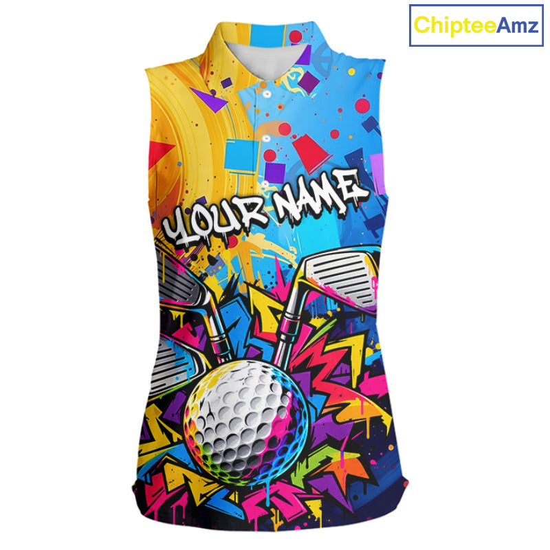 Custom Women Golf Sleeveless Polo Shirt With Name Colorful Golf Clubs Shirt Paint Splash Golf Jersey Golf Gifts NYN4464