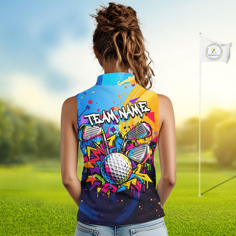 Custom Women Golf Sleeveless Polo Shirt With Name Colorful Golf Clubs Shirt Paint Splash Golf Jersey Golf Gifts NYN4464