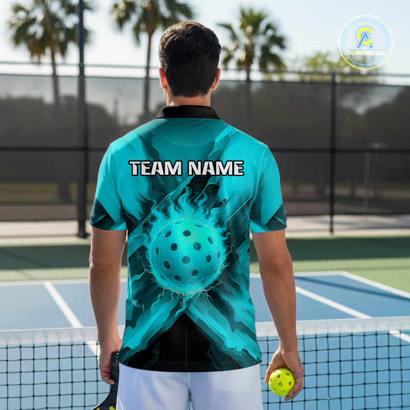Custom Fire Flame Turquoise Pickleball Ball T-Shirt For Men Outfits Pickleball Jerseys NYN2485
