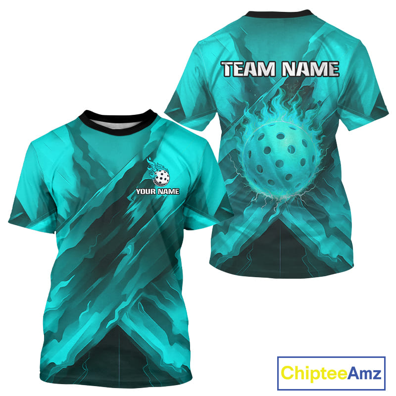 Custom Fire Flame Turquoise Pickleball Ball T-Shirt For Men Outfits Pickleball Jerseys NYN2485