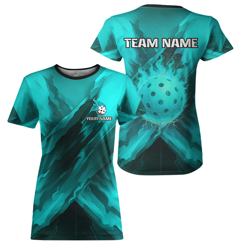 Custom Fire Flame Turquoise Pickleball Ball T-Shirt For Women Outfits Pickleball Jerseys NYN2485
