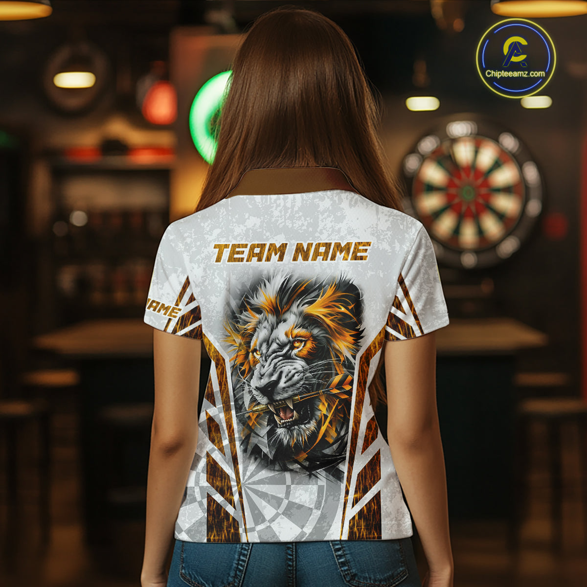 Yellow And White Grunge Tiger Dartboard Custom Women Darts Polo League Shirts Dart Jerseys NYN2839